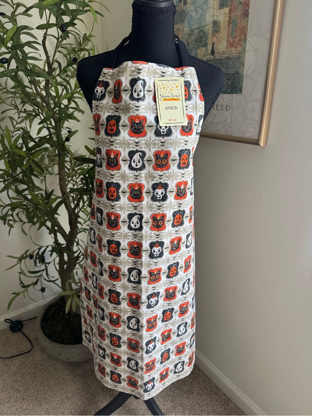 Johanna Parker Halloween Cat & Ghost Print Apron in Orange and Black